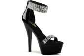 Sandale à plateforme noire Pleaser KISS-269RS avec talon fermé, ornée de strass et de miroirs.