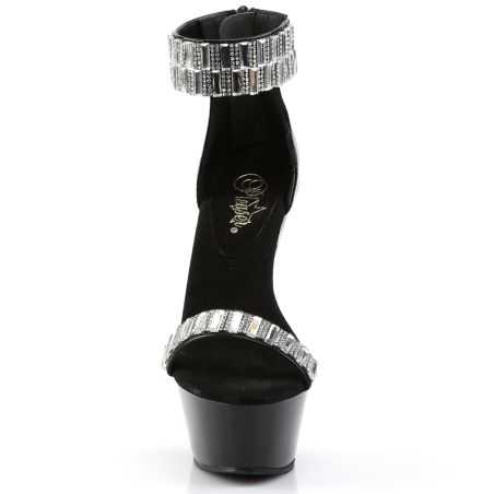 Chaussure à très haut talon Pleaser référence KISS-269RS, patin noir incrusté de cristaux réfléchissants.