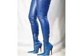 Cuissardes ultra-hautes latex bleu roi ajustées bout pointu talon 13 cm Atelier Europa Design