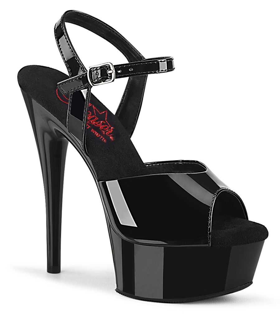 Sandale noir verni Pleaser EXCITE-609 à haut talon stiletto, bride de cheville et plateforme compensée.