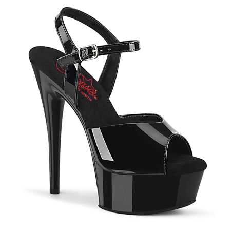 Sandale noir verni Pleaser EXCITE-609 à haut talon stiletto, bride de cheville et plateforme compensée.