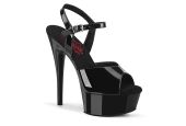 Sandale noir verni Pleaser EXCITE-609 à haut talon stiletto, bride de cheville et plateforme compensée. Sandale noir verni Pleaser EXCITE-609 à haut talon stiletto, bride de cheville et plateforme compensée.