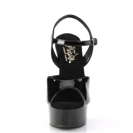 Nu-pieds en vinyle laqué noir Pleaser EXCITE-609 avec patin épais et lanière ajustable à boucle.