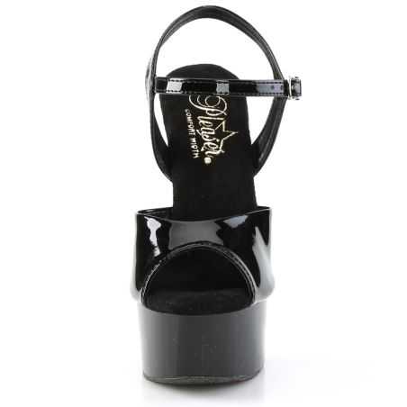Nu-pieds en vinyle laqué noir Pleaser GLEAM-609 sur haut talon stiletto et patin compensé étincelant.