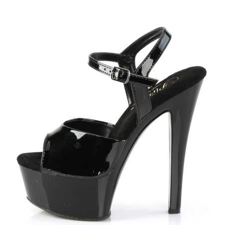 Chaussure noire brillante Pleaser référence GLEAM-609 avec lanière ajustable et semelle plateforme lumineuse.