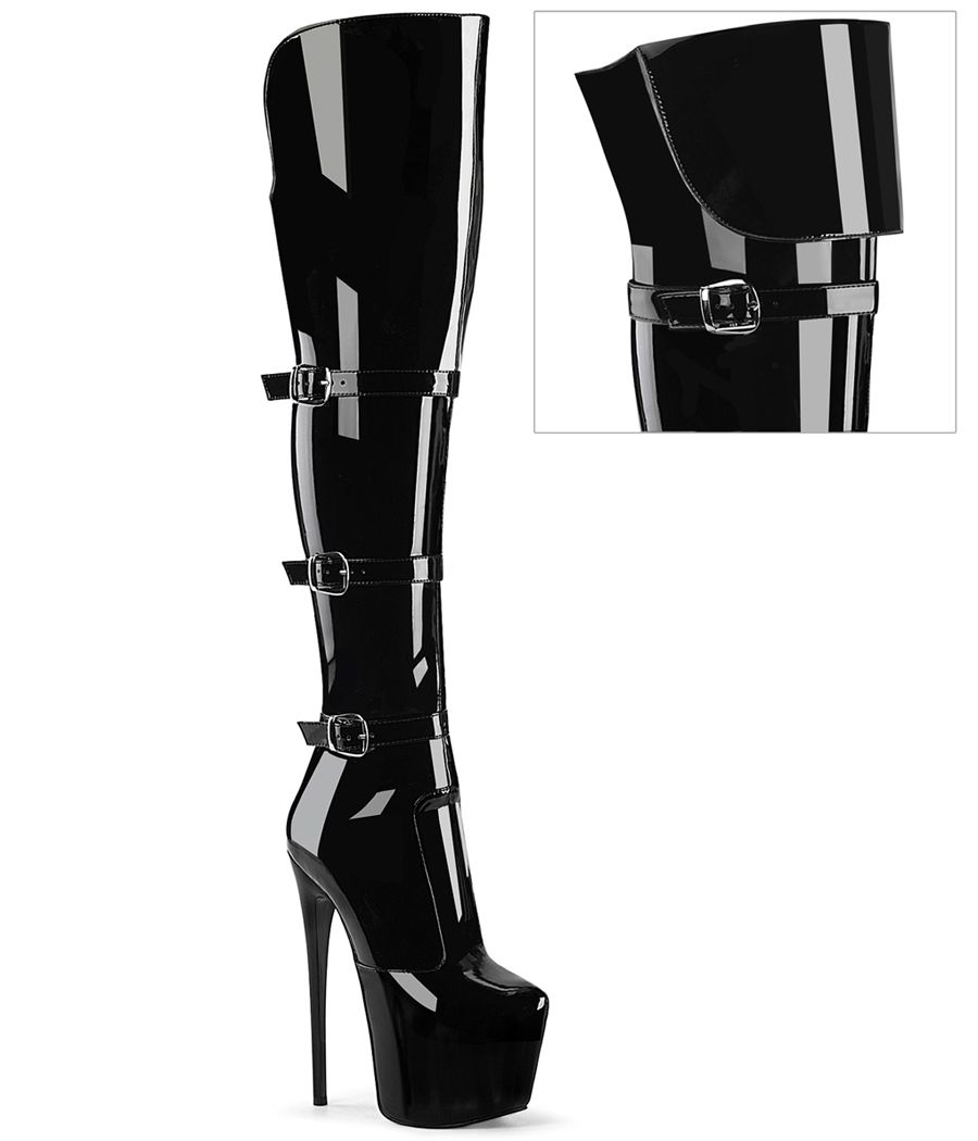 Cuissardes noir verni à sangles et boucles style rock Pleaser JUBILANT-3018