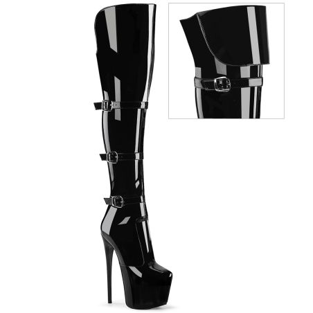Cuissardes noir verni à sangles et boucles style rock Pleaser JUBILANT-3018