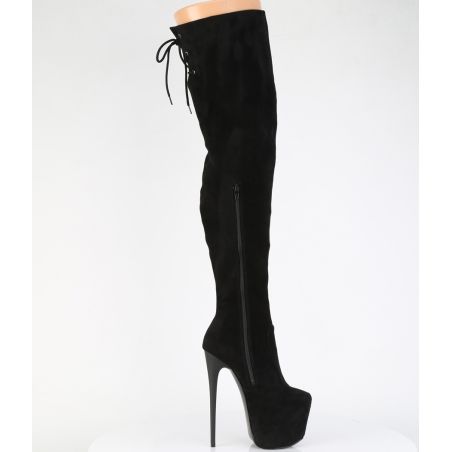 Cuissardes suédine noire stretch à laçage intégral grandes tailles JUBILANT-3007FS LBDHT