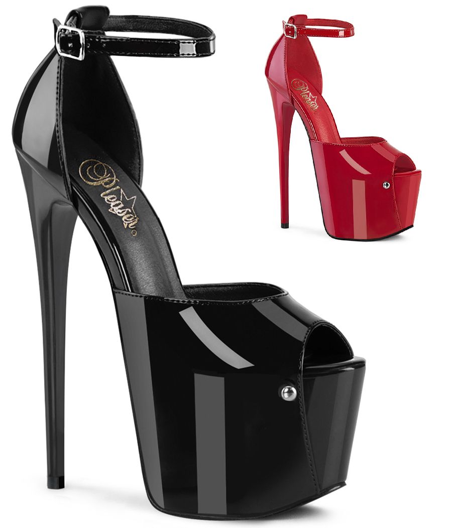 sandale à talon stiletto Pleaser JUBILANT-15 en finitions noir verni et rouge verni.