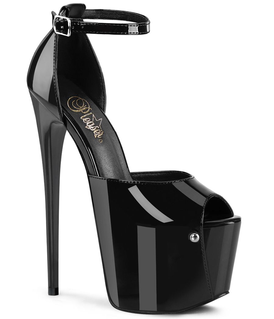 Sandale habillée noir verni Pleaser JUBILANT-15 à haut talon stiletto et lanières croisées.