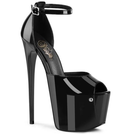 Sandale habillée noir verni Pleaser JUBILANT-15 à haut talon stiletto et lanières croisées.