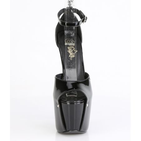 Nu-pieds en vinyle laqué noir Pleaser JUBILANT-15 à talon aiguille fin et découpes élégantes sur le coup de pied.