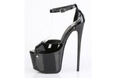Chaussure noire brillante Pleaser référence JUBILANT-15 avec bride ajustable à la cheville et talon très haut.