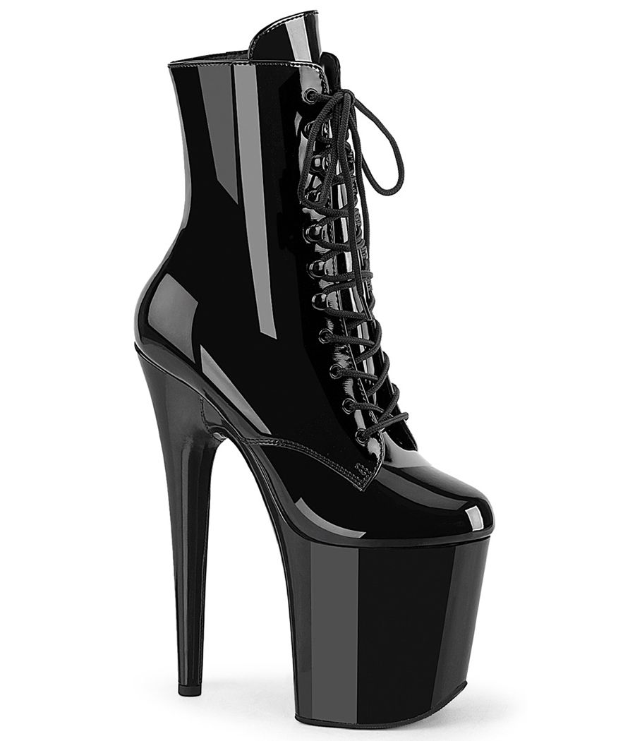 Bottines noir verni à plateforme et lacets Pleaser FLAMINGO-1020WR Bottines noir verni à plateforme et lacets Pleaser FLAMINGO-1020WR