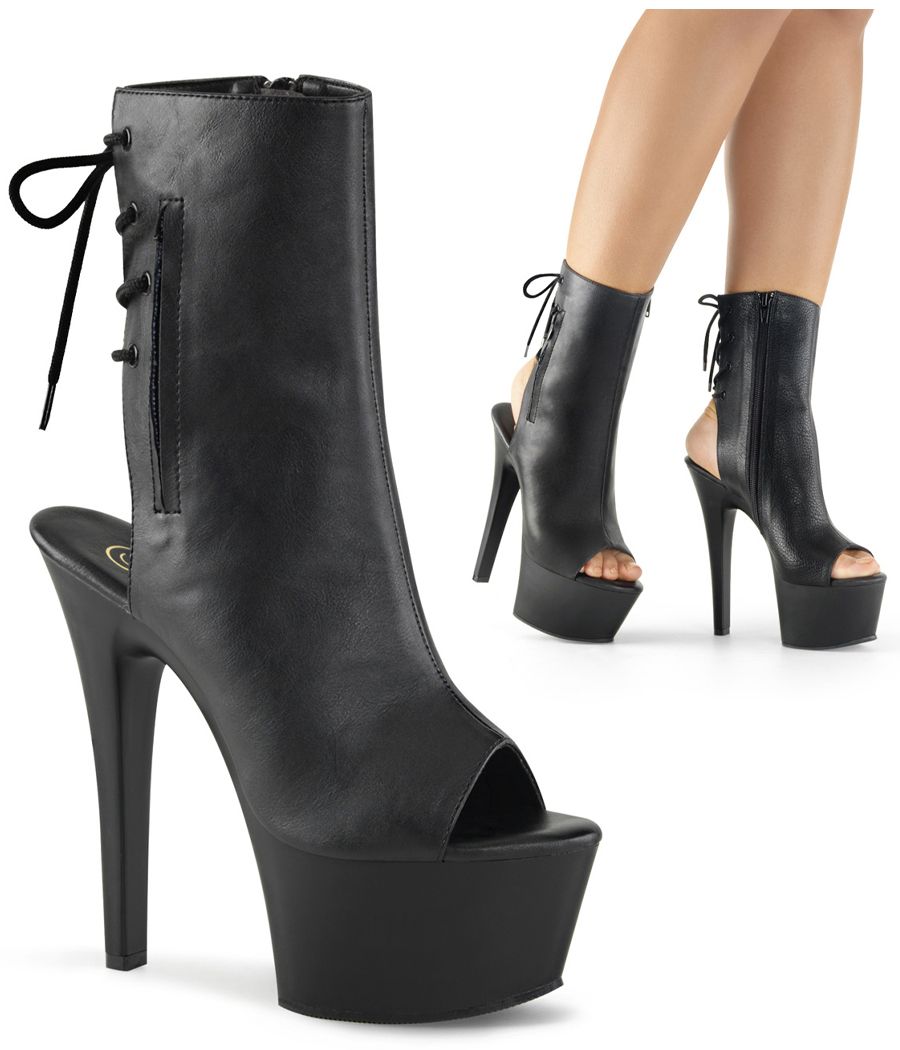 Bottines bout ouvert et talon nu noir mat à laçage arrière Pleaser ASPIRE-1018 Bottines bout ouvert et talon nu noir mat à laçage arrière Pleaser ASPIRE-1018