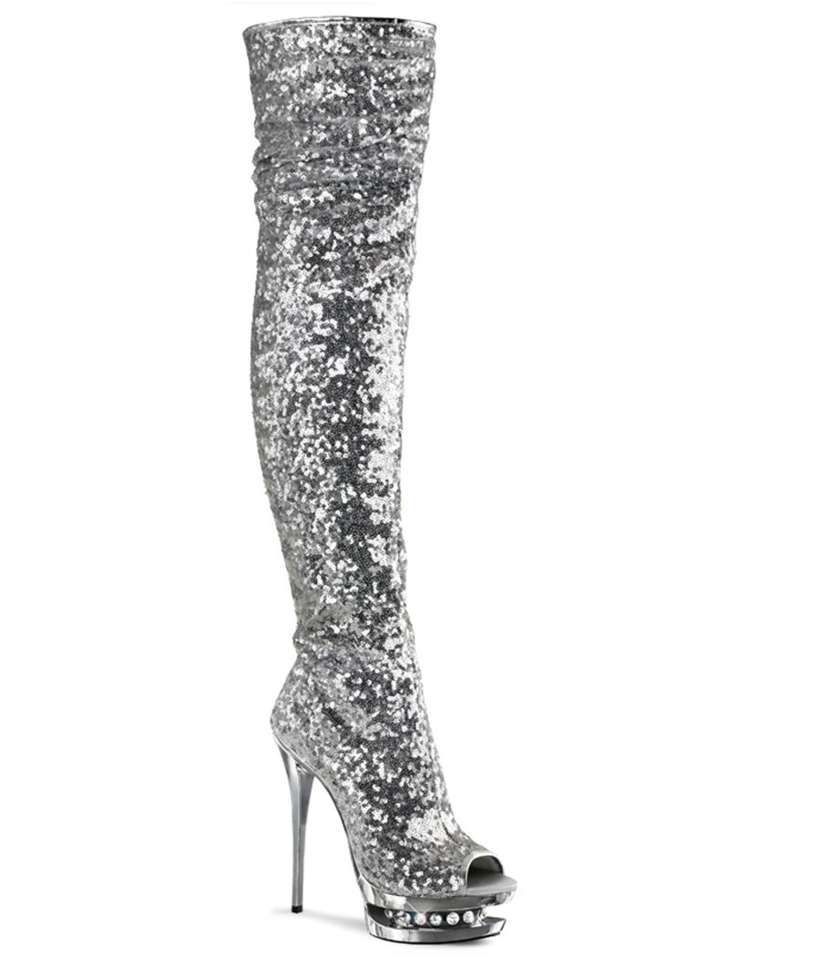 Cuissardes argentées à strass avec plateforme et bout ouvert Pleaser BLONDIE-R-3011 Cuissardes argentées à strass avec plateforme et bout ouvert Pleaser BLONDIE-R-3011