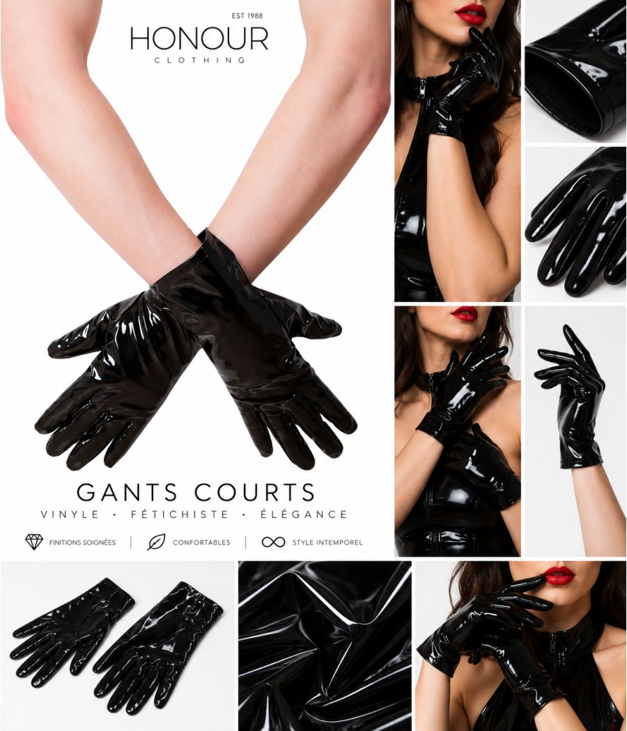 Gants courts Honour JGP2 en vinyle noir brillant Gants courts Honour JGP2 en vinyle noir brillant