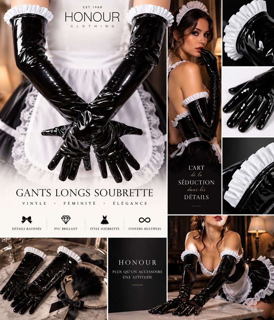 Gants soubrette Honour H2337 en vinyle noir et volant blanc Gants soubrette Honour H2337 en vinyle noir et volant blanc