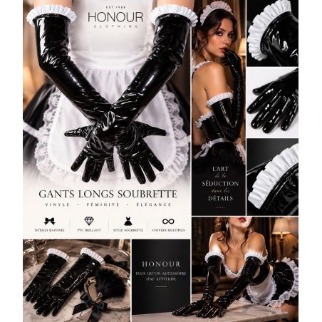 Gants soubrette Honour H2337 en vinyle noir et volant blanc