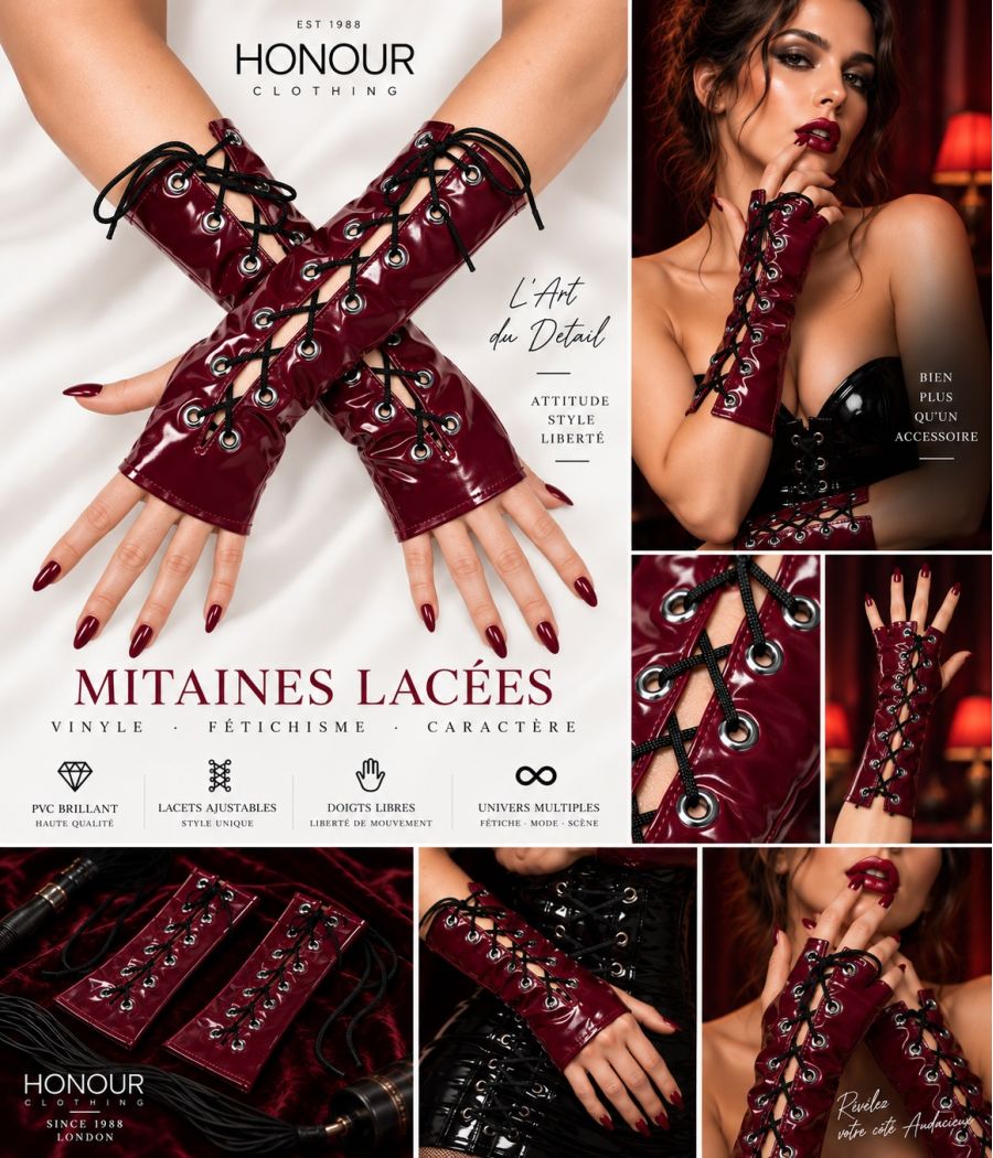 Mitaines lacées Honour H2322 en vinyle bordeaux brillant Mitaines lacées Honour H2322 en vinyle bordeaux brillant