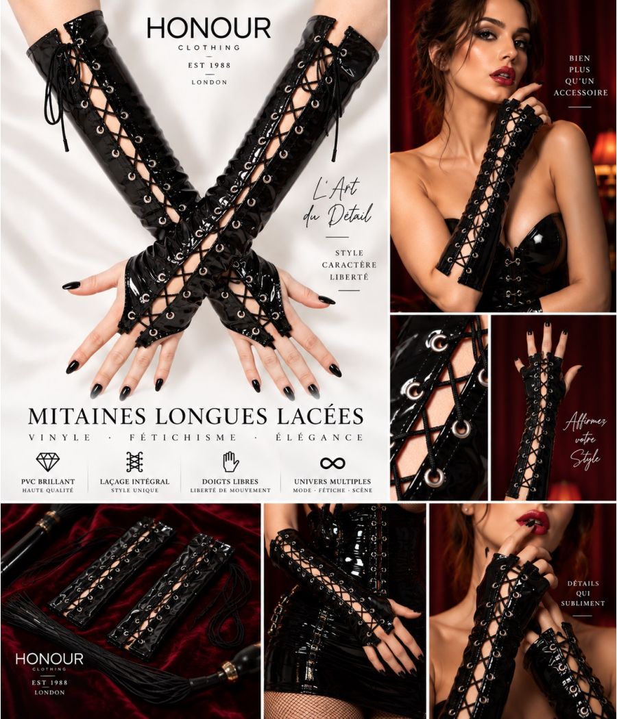 Mitaines longues Honour H1365 en vinyle noir lacé Mitaines longues Honour H1365 en vinyle noir lacé