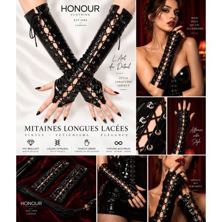 Mitaines longues Honour H1365 en vinyle noir lacé