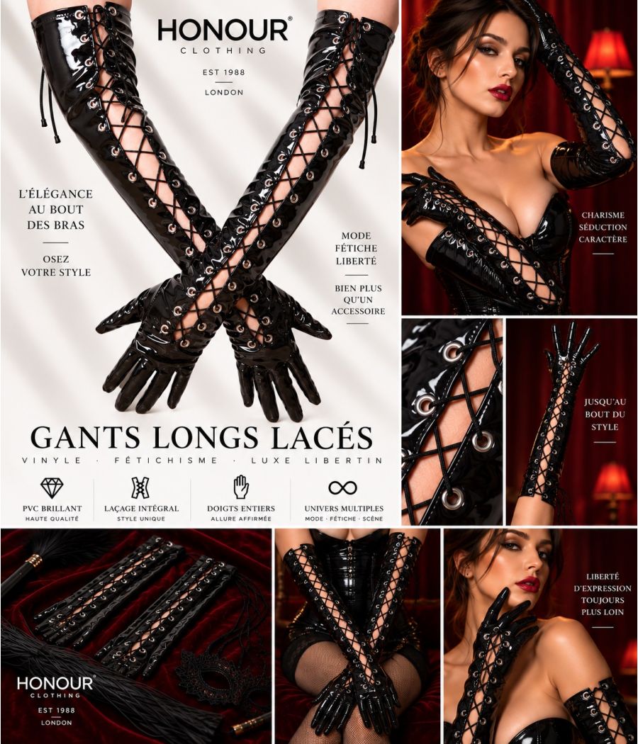 Gants longs lacés Honour H2061 en vinyle noir brillant Gants longs lacés Honour H2061 en vinyle noir brillant