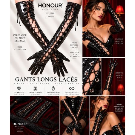 Gants longs lacés Honour H2061 en vinyle noir brillant