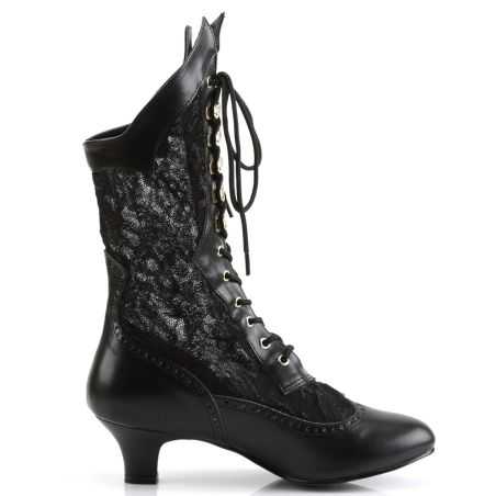 Bottines de créateur noires en faux cuir et dentelle pour looks gothiques et alternatifs chics.