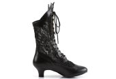 Bottines de créateur noires en faux cuir et dentelle pour looks gothiques et alternatifs chics.