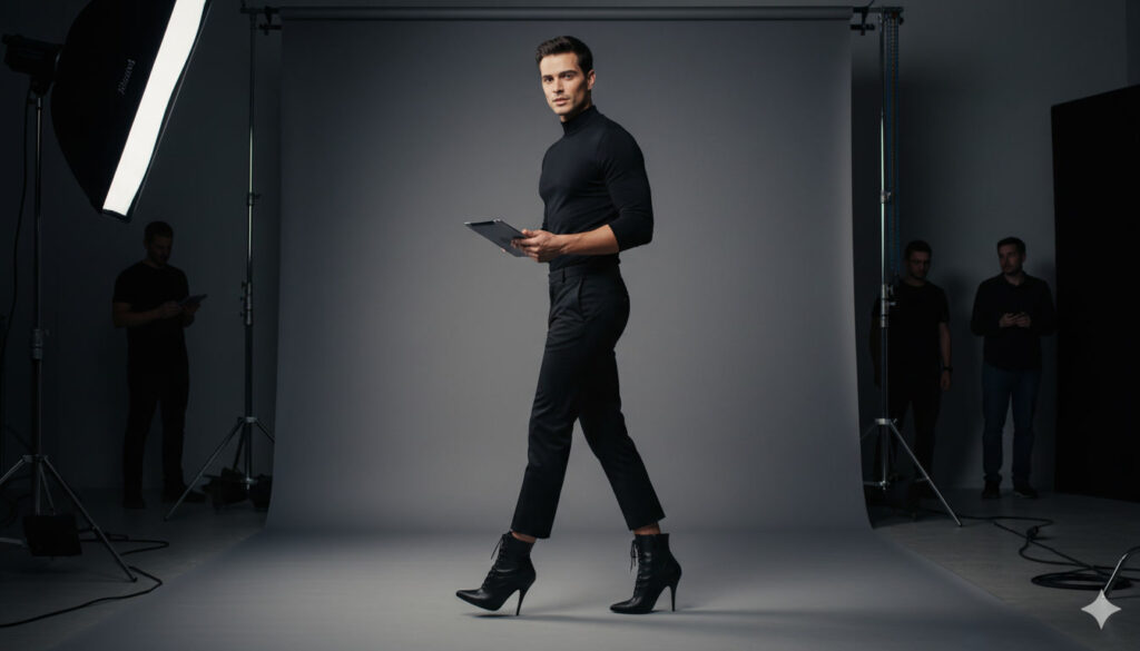 Julian directeur de casting en pull col montant noir marchant dans un studio photo