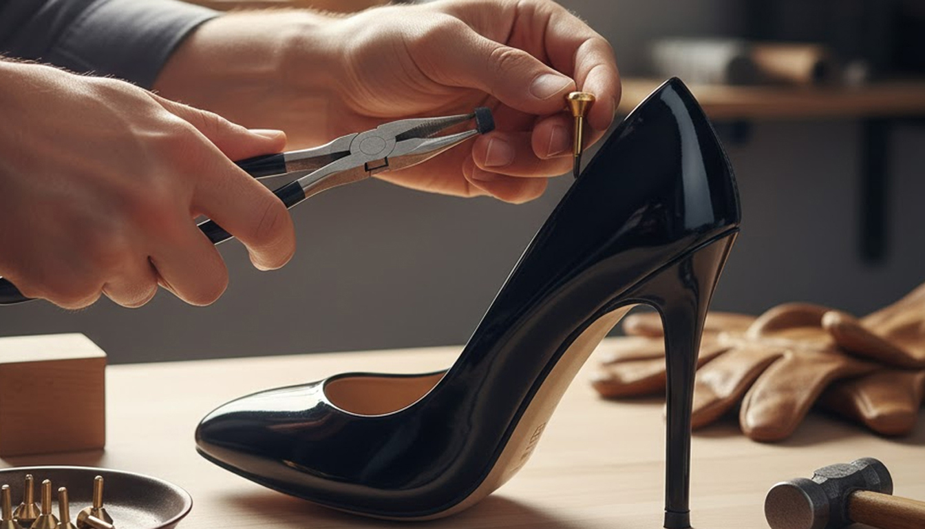Gros plan sur la réparation artisanale d'un talon aiguille vernis noir, illustrant l'expertise technique et l'entretien des chaussures de luxe à LBHDT.