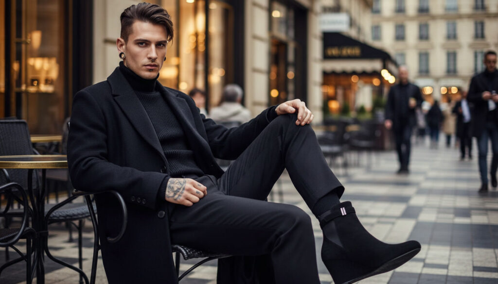 Mannequin homme Axel assis en terrasse portant des bottines compensées noires discrètes Kimberly-102.