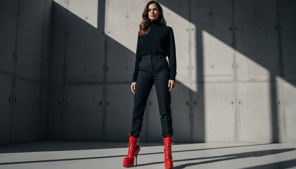 Bottines artisanales en latex rouge brillant Atelier Europa Design portées par Ariane