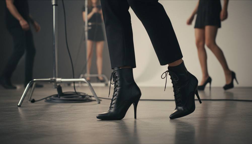 Gros plan des pieds de Julian marchant avec des bottines à lacets Seduce-1020 talon 13cm