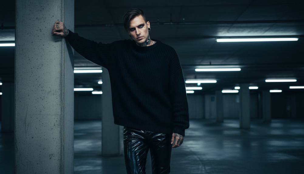 Focus sur un pantalon homme en vinyle noir brillant de la marque Patrice Catanzaro avec reflets de néons.
