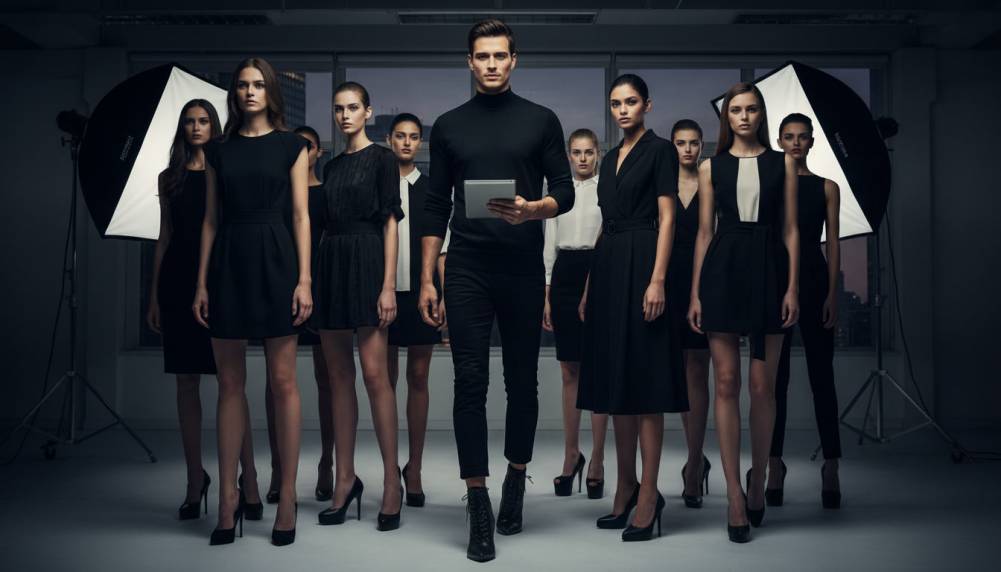 Julian entouré de mannequins femmes portant tous des bottines et escarpins à talons aiguilles