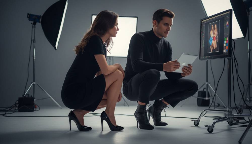Julian accroupi avec une mannequin analysant un shooting photo en bottines Seduce-1020