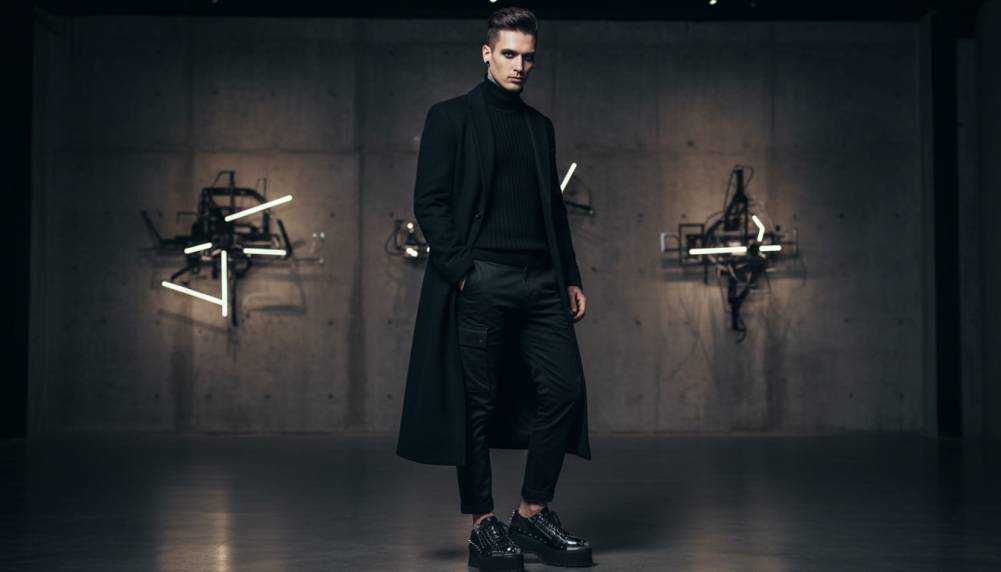 Mannequin homme Axel en look gothique urbain avec long manteau noir et chaussures plateformes vernies cloutées.
